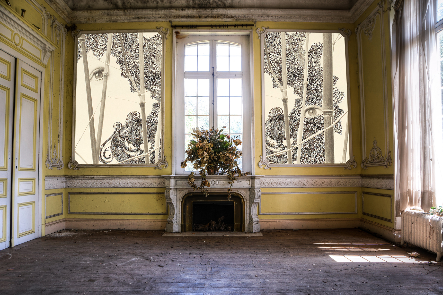 Détail galerie jaune Au-delà des bambous papier peint Charlotte Massip